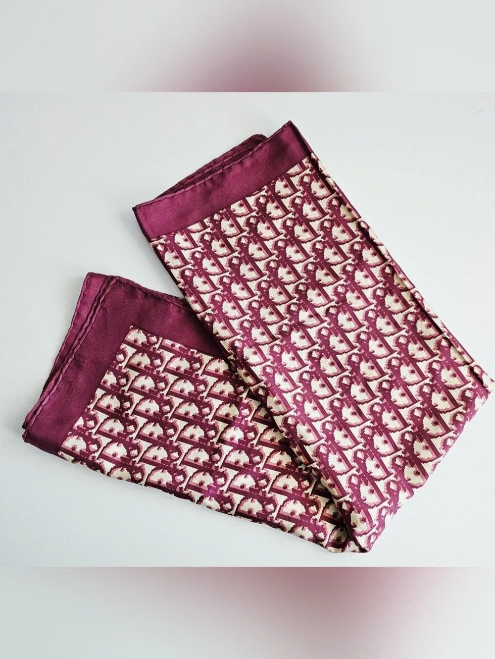 Christian Dior Burgundy & Cream Oblique Monogram Silk Scarf